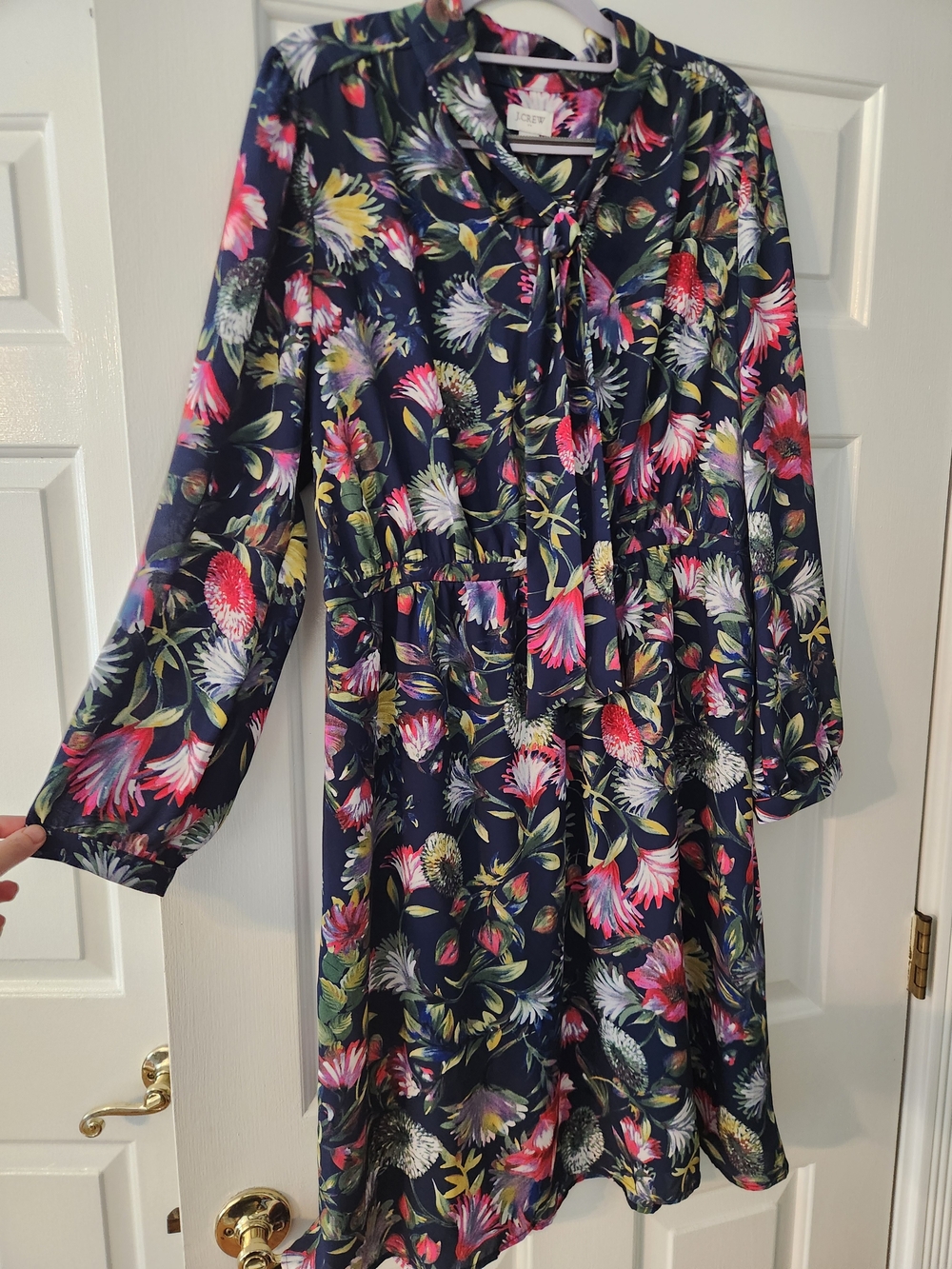J. Crew Women's Navy Floral Tie-Neck Knee Length Dress Business Casual, Large